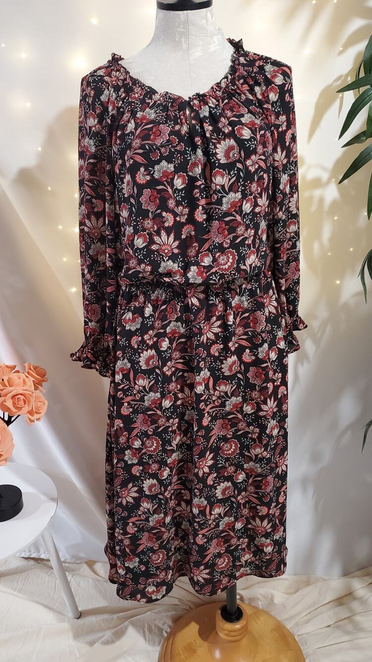 Talbots Floral Scalloped Ruffle Button Maxi Dress Womens Size LP Cottagecore
